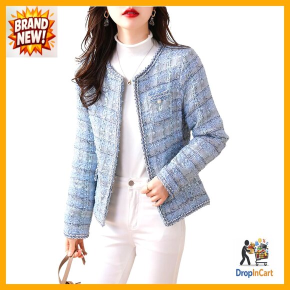Elegant Tweed Blazer Open Front Slim Fit Collarless Business Casual Jacket
